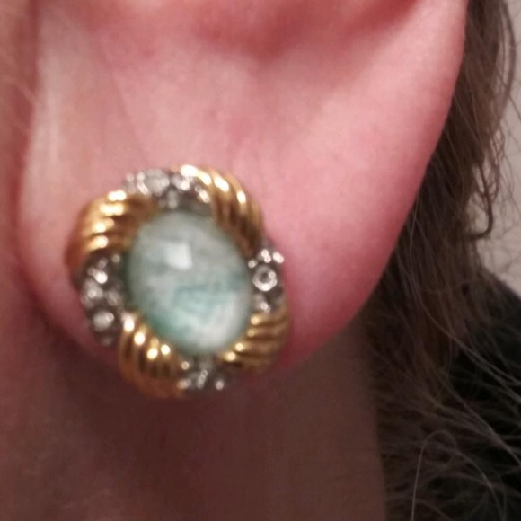 Alexis Bittar pierced turquoise earrings with crystals in silver/gold setting.